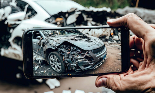 A first-person shot of an accident victim documenting the total loss of their vehicle.